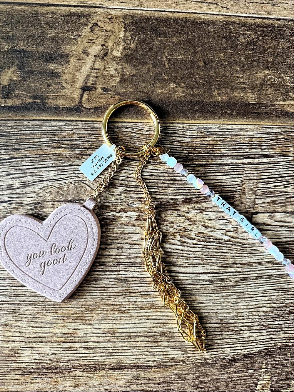 Little Words Project Heart Keychain / Bag Charm with Beaded Strap Pink & Gold